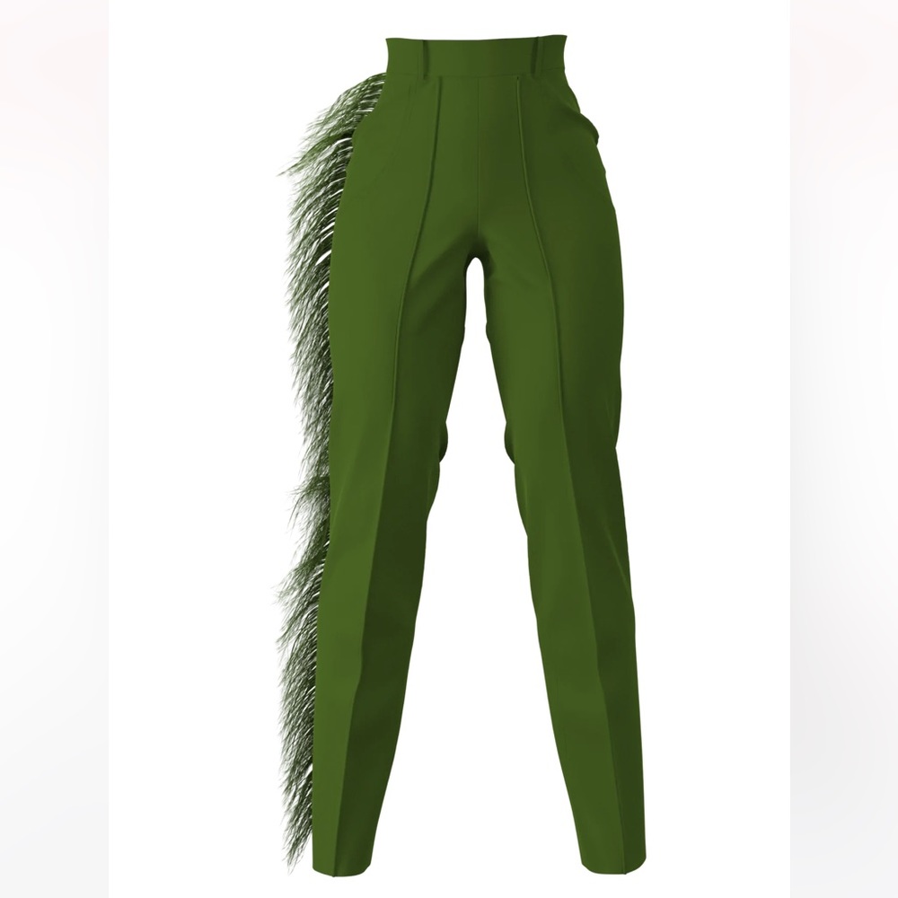 Hanifa Green Straight Leg Pants with Fringe Detail